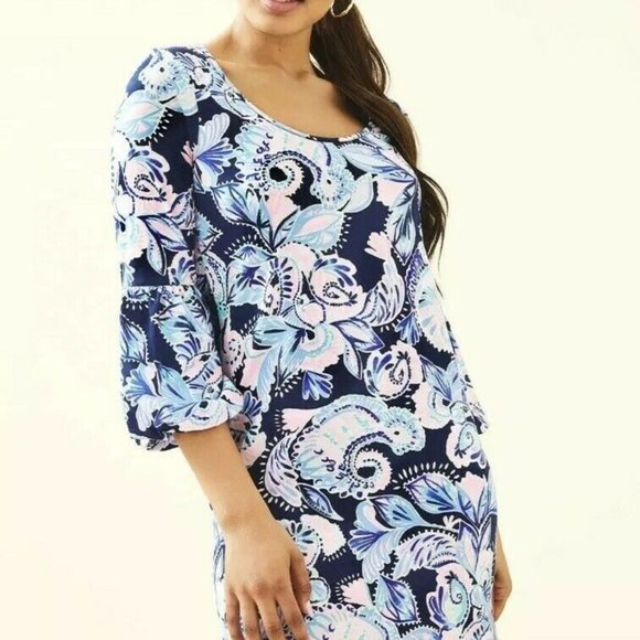 Lilly Pulitzer CARLILE Dress Sz XL Bubble Sleeve High Tife Navy Holy Flockamolie - Picture 4 of 4
